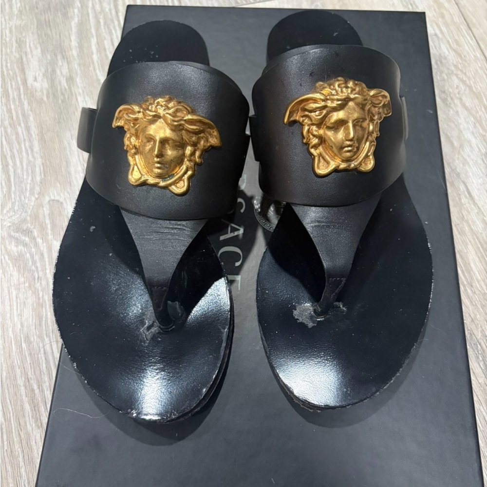 Versace-inspired Black Sandals with Gold Medusa Emblems